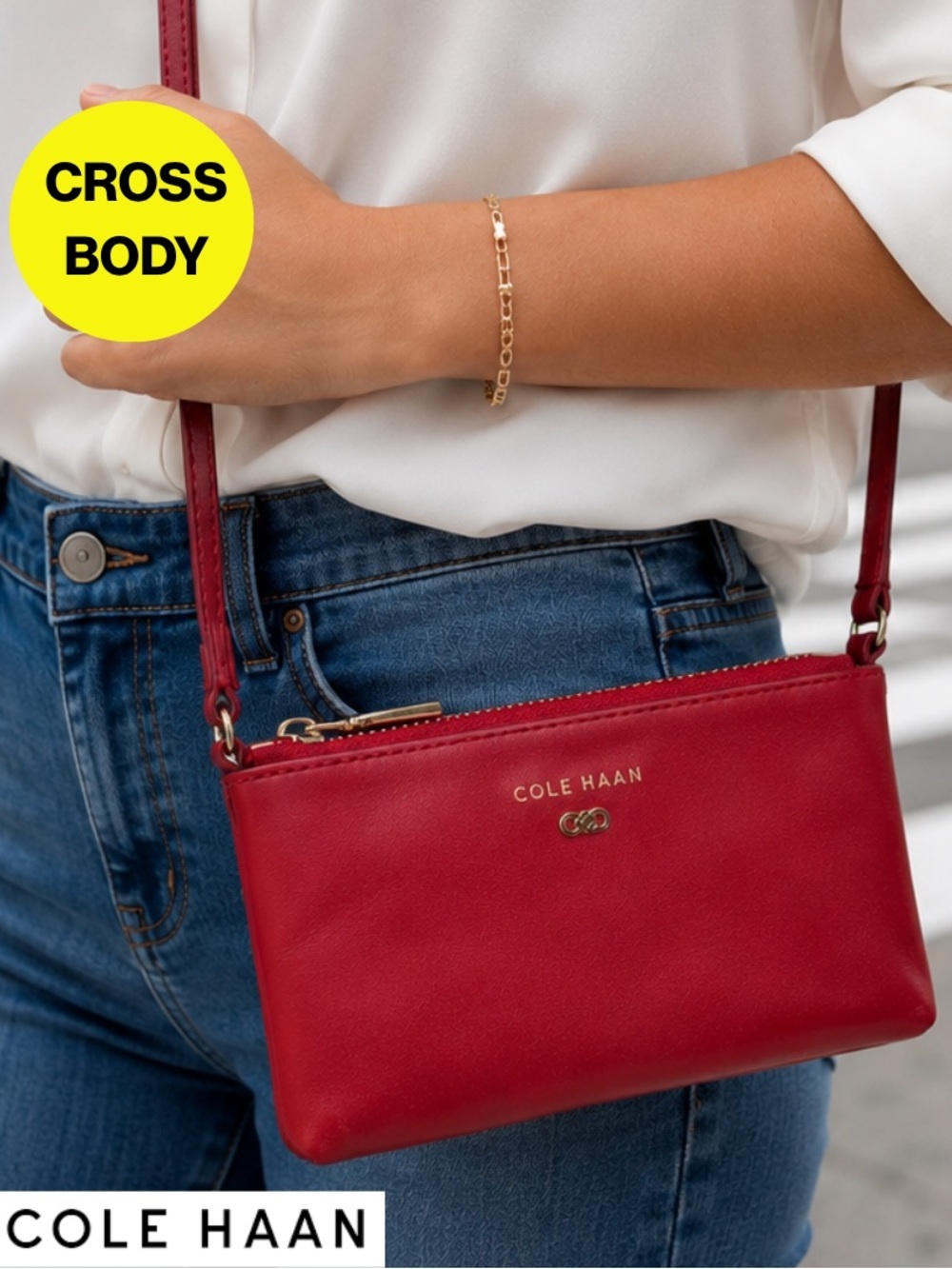 3/for $15 🍒 COLE HAAN Red Leather Crossbody Bag, Gold Accents - 5x8”